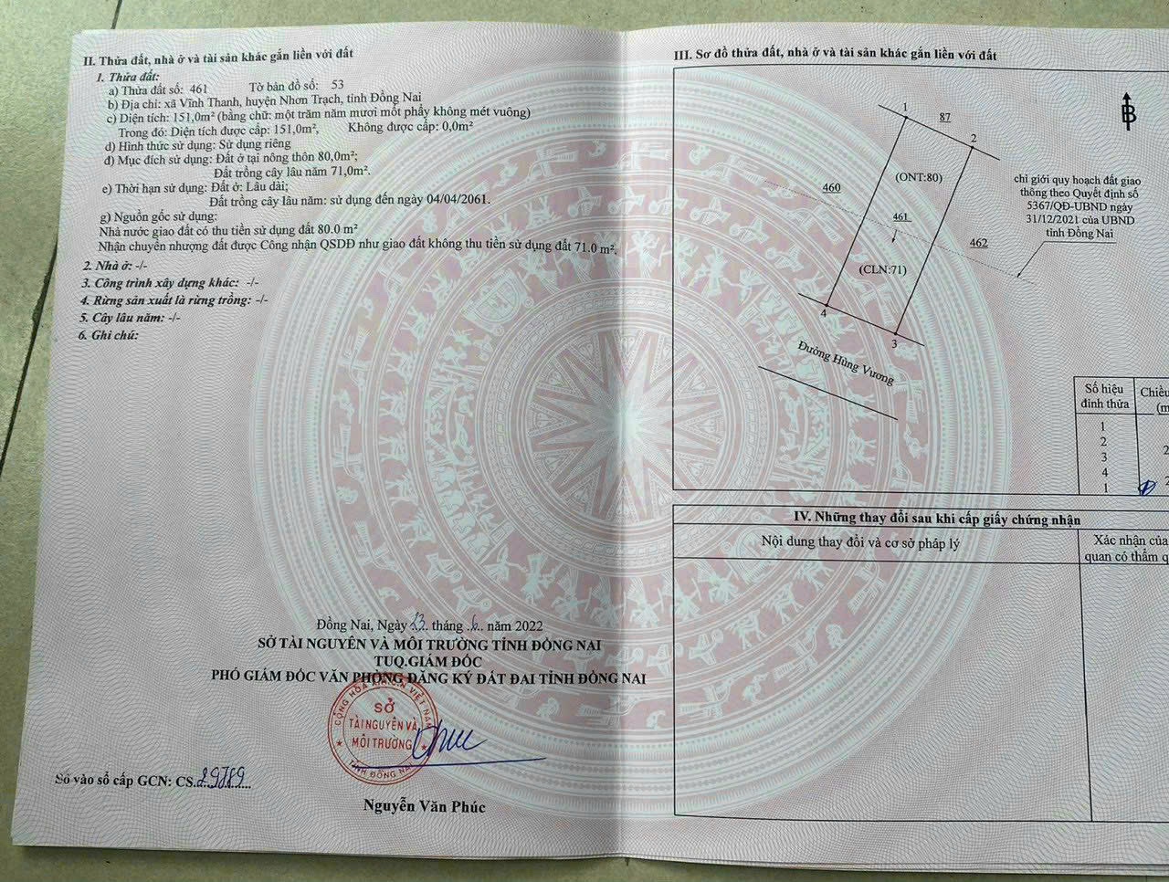 Bán đất mặt tiền Hùng Vương Vĩnh Thanh Nhơn Trạch ngang 7.2m