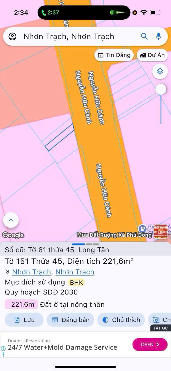 Bán Mặt tiền Nguyễn Hữu Cảnh xã Long Tân 221m2